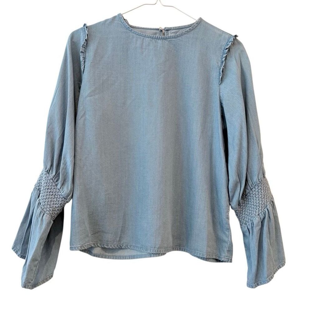 Zara Chambray Denim Bell Sleeve Ruffle Smocked Light Blue Blouse Top Size Small